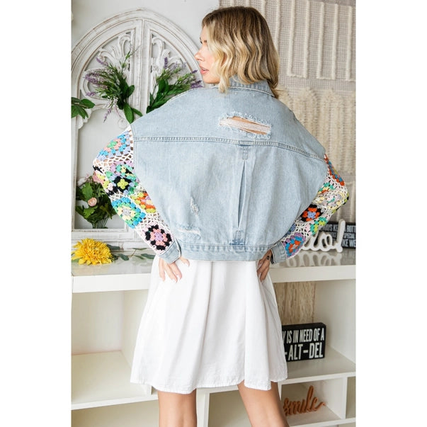 Crochet Contrast Sleeve and Pocket Denim Jacket