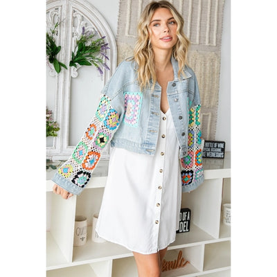 Crochet Contrast Sleeve and Pocket Denim Jacket